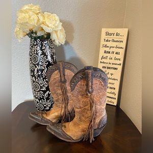 Lucchese brown leather boots with fringe